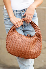 cognac Paige Vegan Leather Woven Handbag