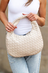 bone colored Paige Vegan Leather Woven Handbag