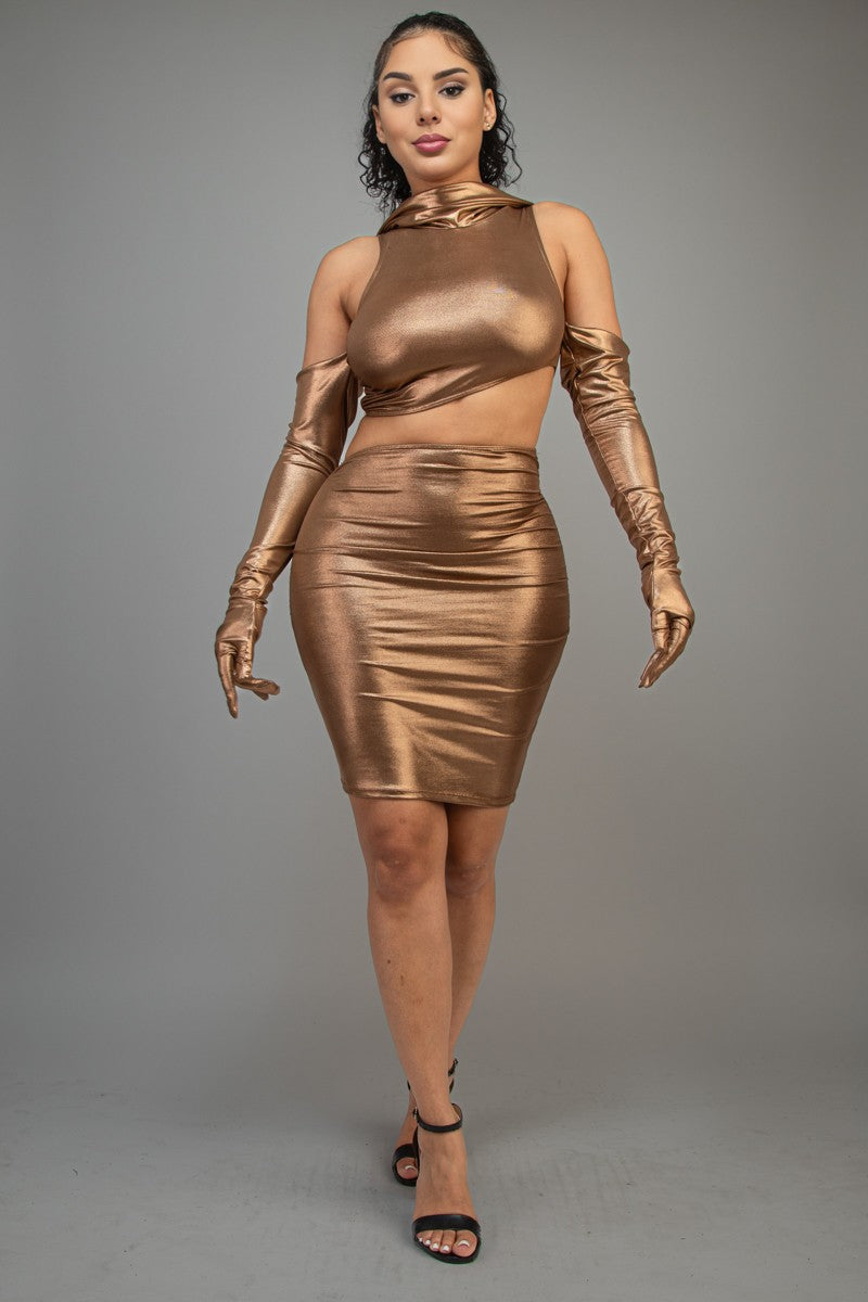 Bronze short metallic dress with gloves and hood and front and side cut out detail