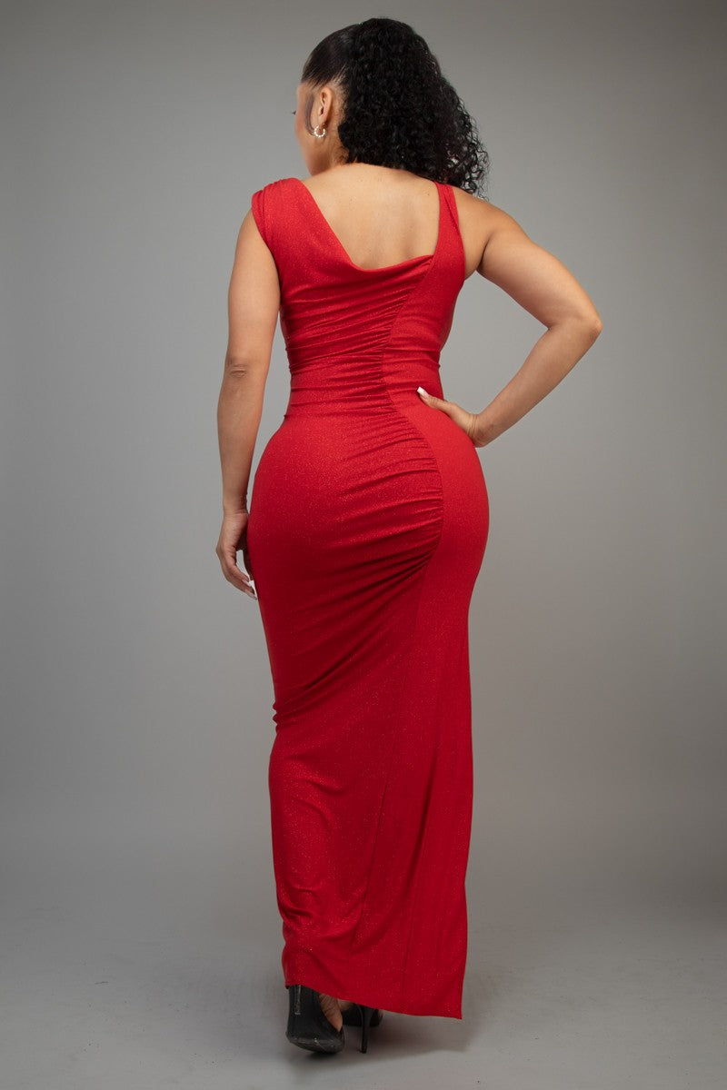 Red one shoulder glitter maxi dress with front side slit back