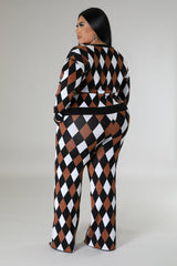 Plus Size Diamond Print Pant Set Black, brown and white