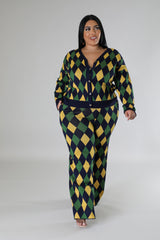 Plus Size Diamond Print Pant Set green, navy blue and yellow