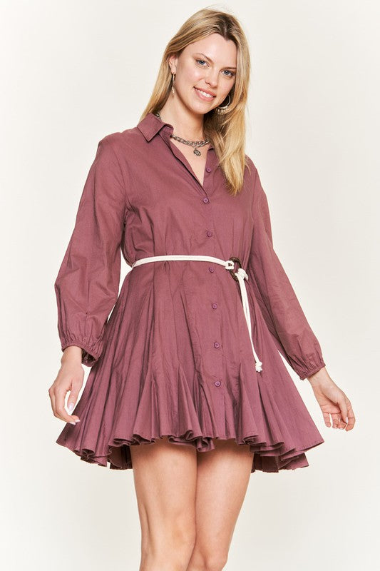 dark mauve Flared Button Down Shirt Dress