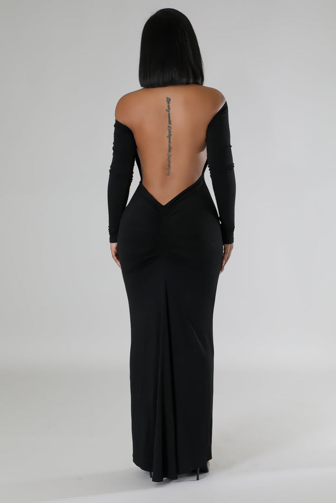 back view of model wearing BlackLong Sleeves Open Back Midi Dress