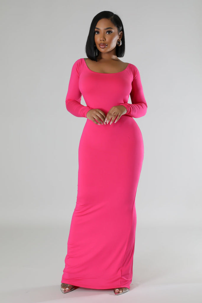 front view of model wearing pink Long Sleeves Open Back Midi Dress