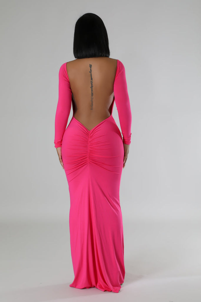 Back view of model wearing pink Long Sleeves Open Back Midi Dress