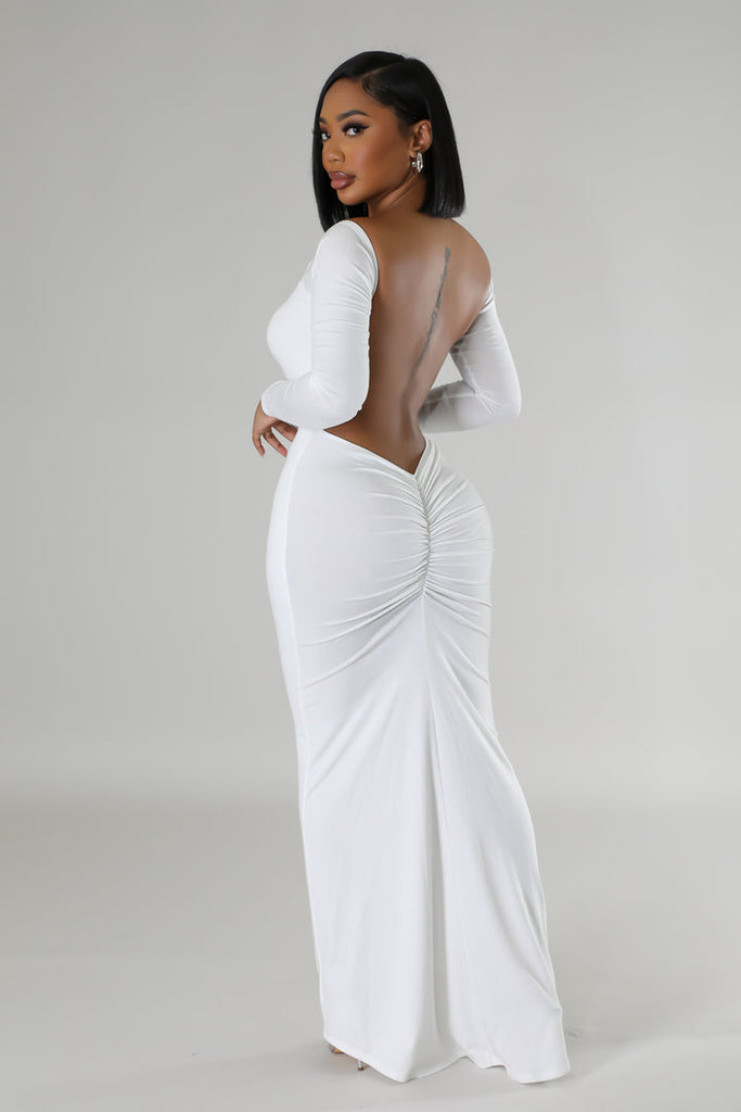 side/back view of white Long Sleeves Open Back Midi Dress