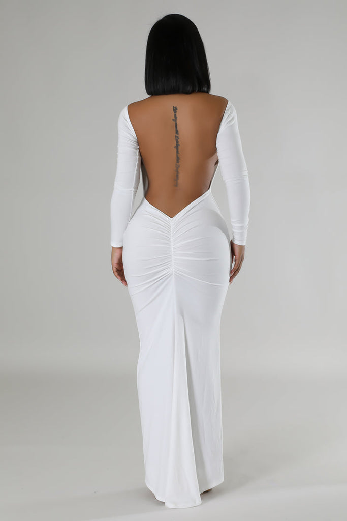 back view of model wearing white Long Sleeves Open Back Midi Dress