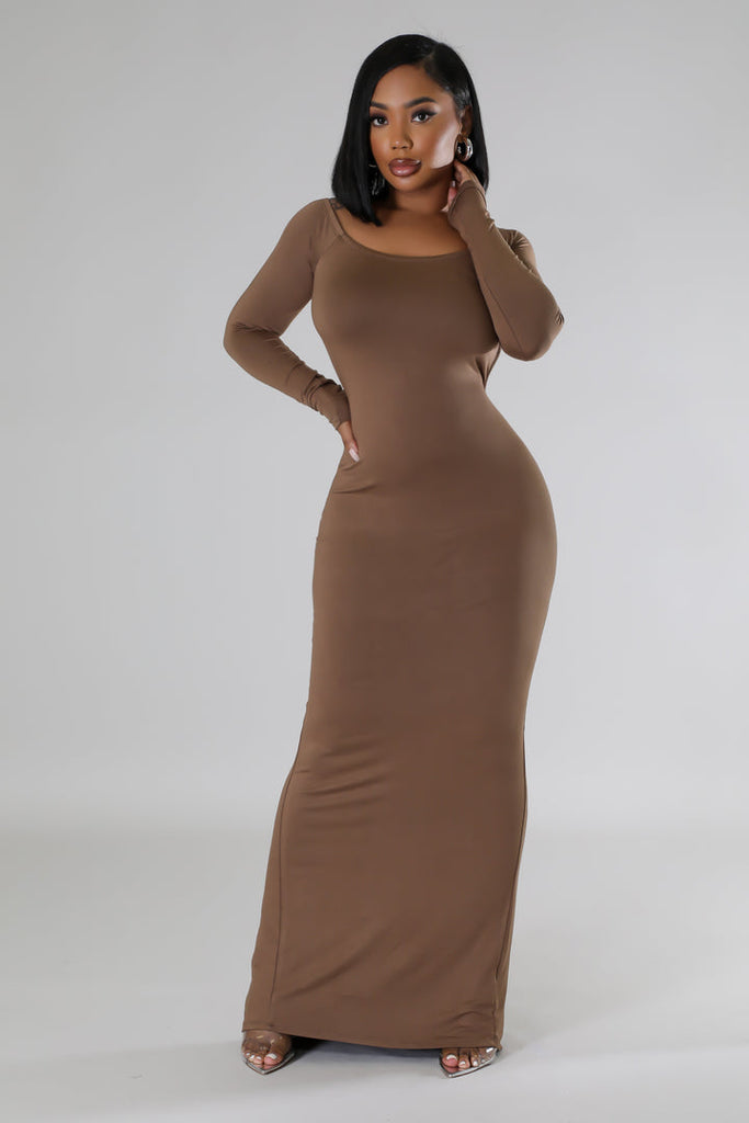 another front view of model wearing Brown Long Sleeves Open Back Midi Dress