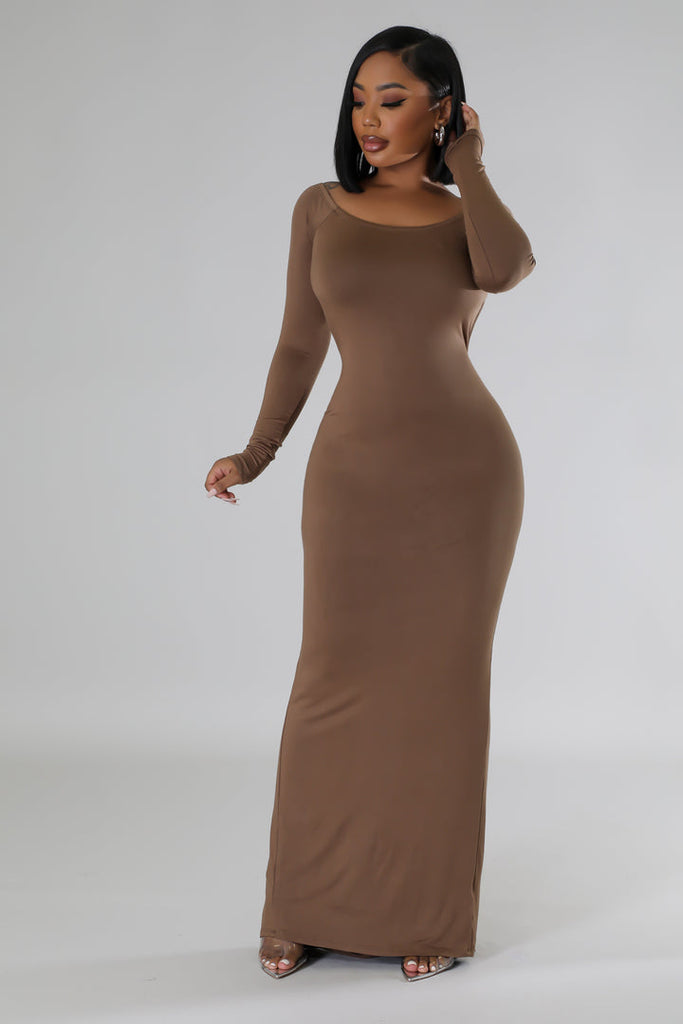 Model showcasing Brown Long Sleeves Open Back Midi Dress