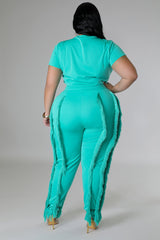 Plus Size model wearing jade green High-Waist Pant Set back view