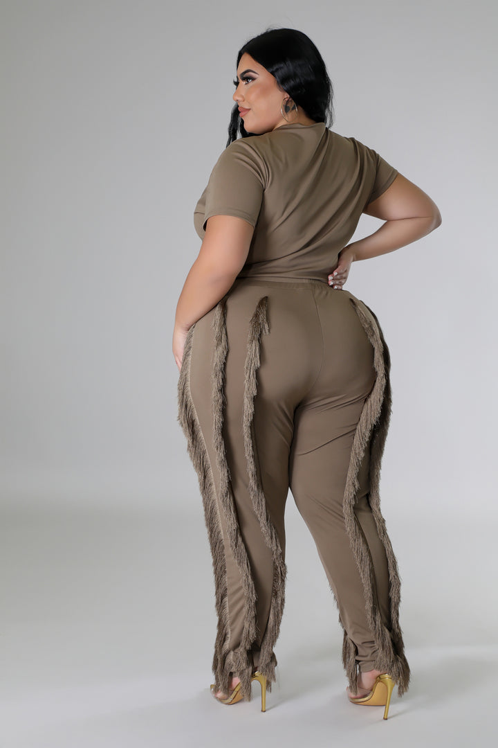 Plus Size model wearing mocha High-Waist Pant Set side view