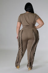 Plus Size model wearing mocha High-Waist Pant Set back view