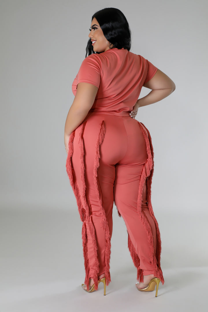 Plus Size model wearing pink High-Waist Pant Set side/back view