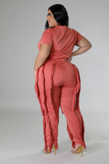 Plus Size model wearing pink High-Waist Pant Set side/back view