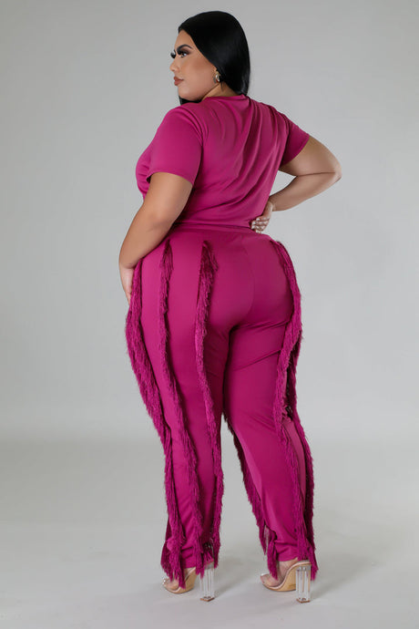 Plus Size model wearing Berry colored High-Waist Pant Set side view