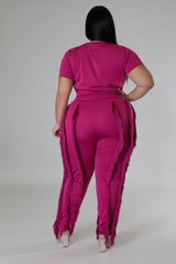 Plus Size model wearing Berry colored High-Waist Pant Set back view