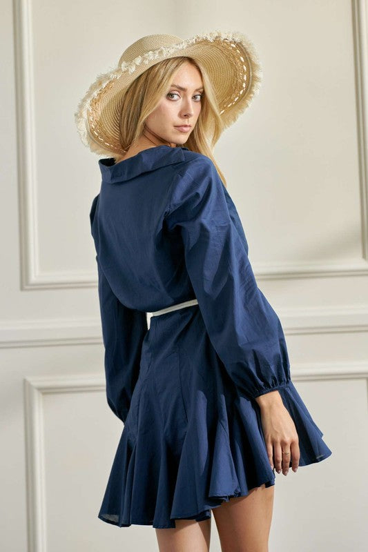 navy blue Flared Button Down Shirt Dress