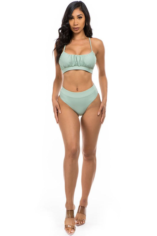 Sage green Ruched Top High Waisted Bikini 