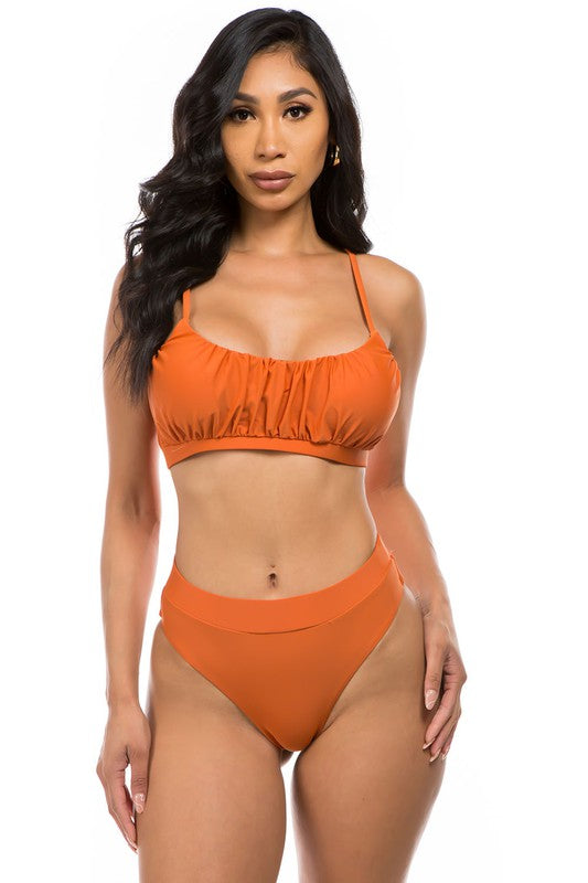 model wearing copper Ruched Top High Waisted Bikini 