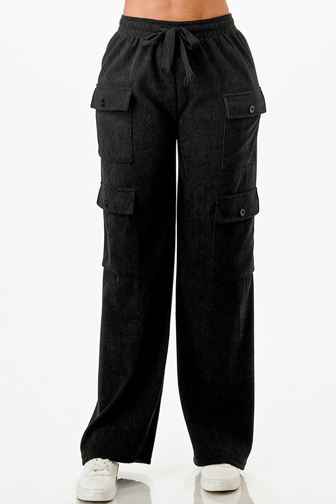 close up of model wearing Black Tie Front Corduroy Cargo Pants 