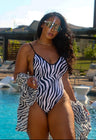 Black One-Piece Zebra Print Swimsuit on model by the pool