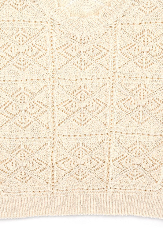 model wearing Ivory Crochet Knit Top - close up of hem and crochet detail - Divva Style