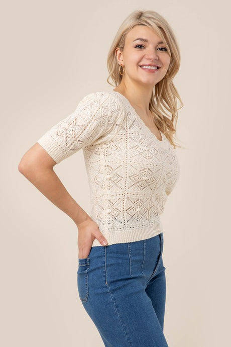 model wearing Ivory Crochet Knit Top - side view - Divva Style