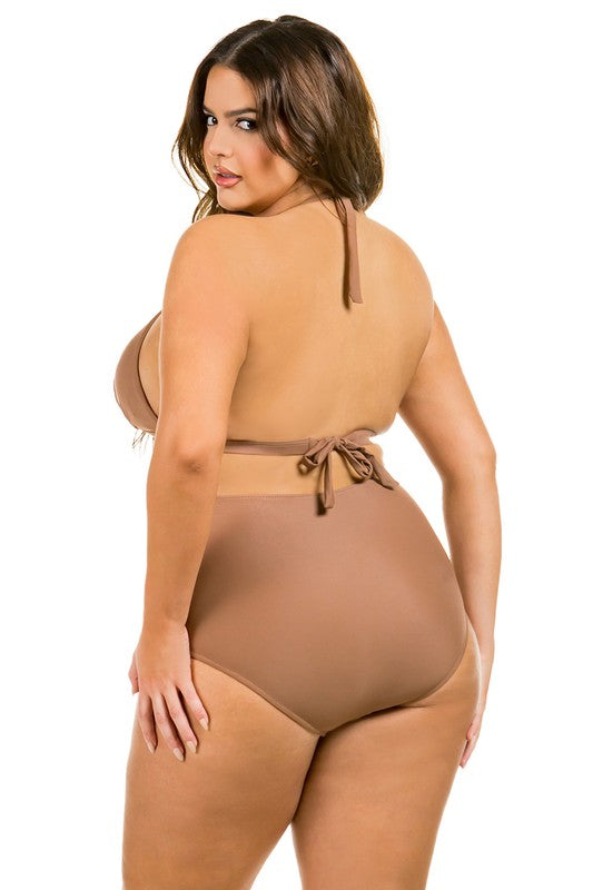 back view of model wearing coffee colored Plus Size Ruched Front High Waisted Bikini