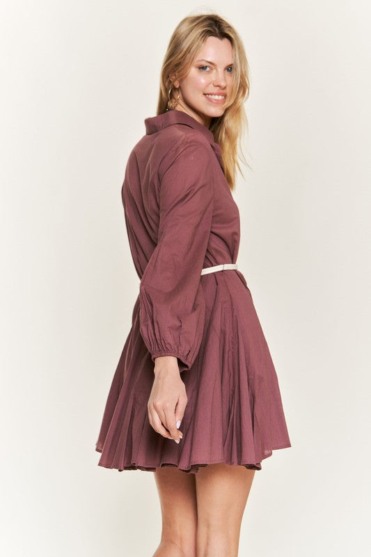 dark mauve Flared Button Down Shirt Dress