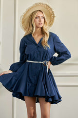 navy blue Flared Button Down Shirt Dress