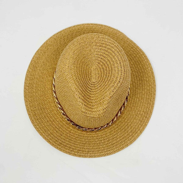 Camel color Panama hat with bold Cuban chain around brim