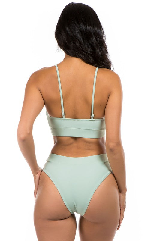 back view of model wearing Sage green Ruched Top High Waisted Bikini 