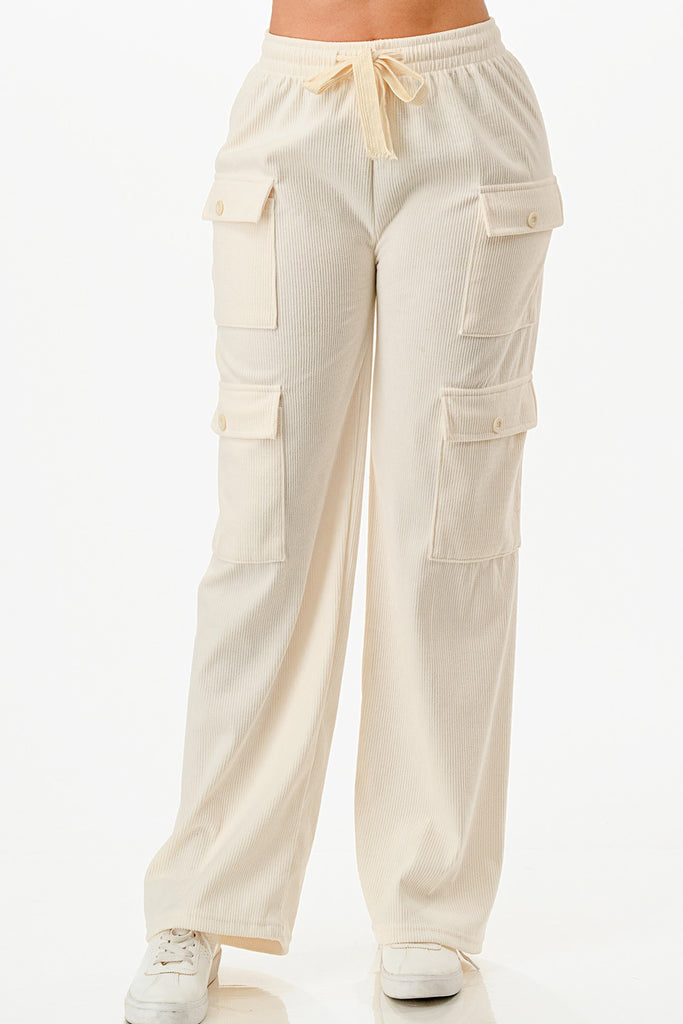 close up of model wearing cream color Tie Front Corduroy Cargo Pants 