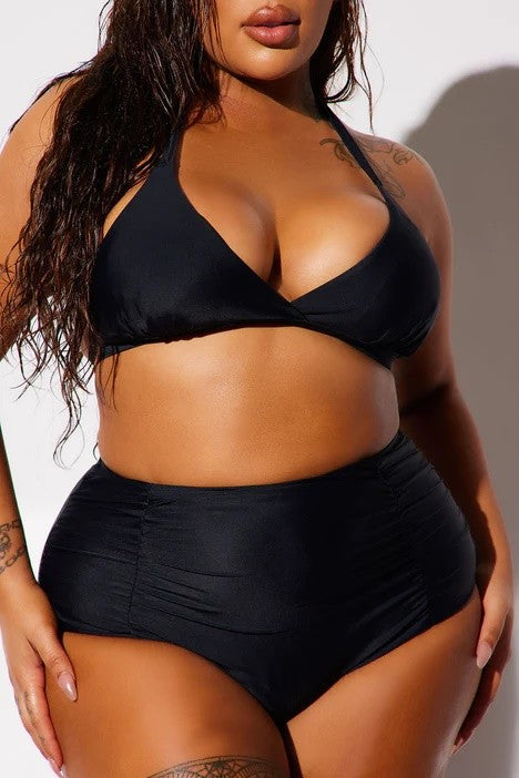 Black Plus Size Ruched Front High Waisted Bikini