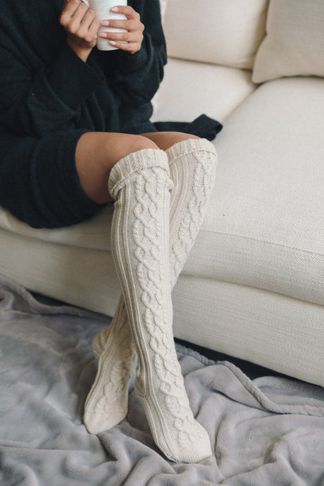 ivory Knee High Cable Knit Socks