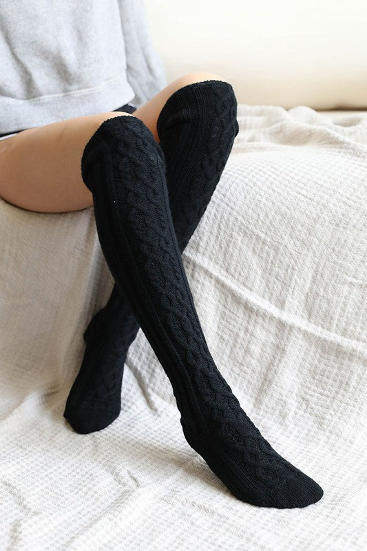 Black Knee High Cable Knit Socks