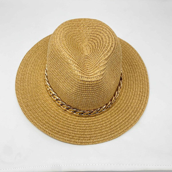 Camel color Panama hat with bold Cuban chain around brim