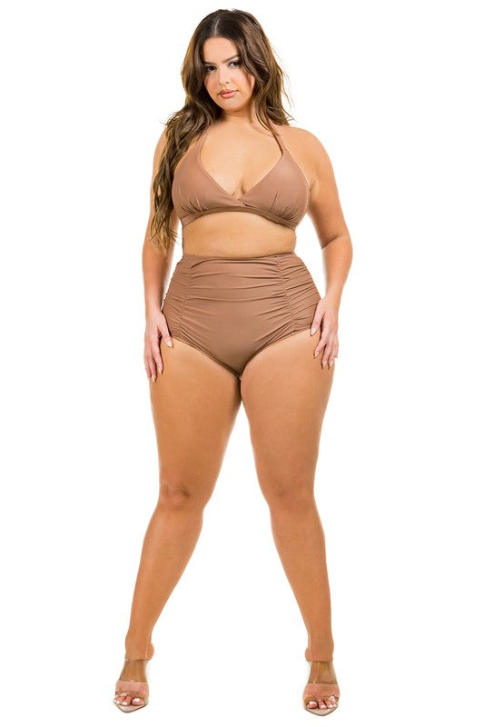 model wearing coffee colored Plus Size Ruched Front High Waisted Bikini