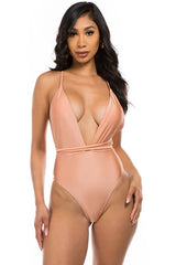 pink Low V-Neck One Piece Swimsuit