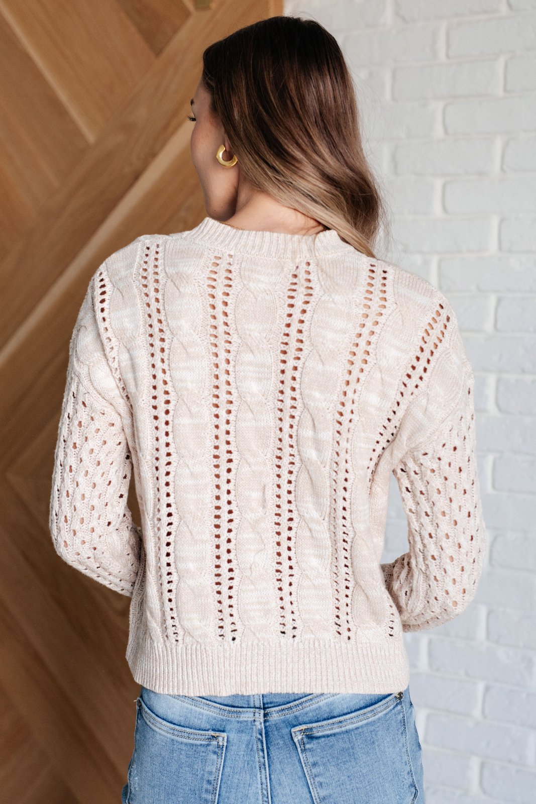 Medium Weight Cable Knit Sweater in Ivory back view on size small model