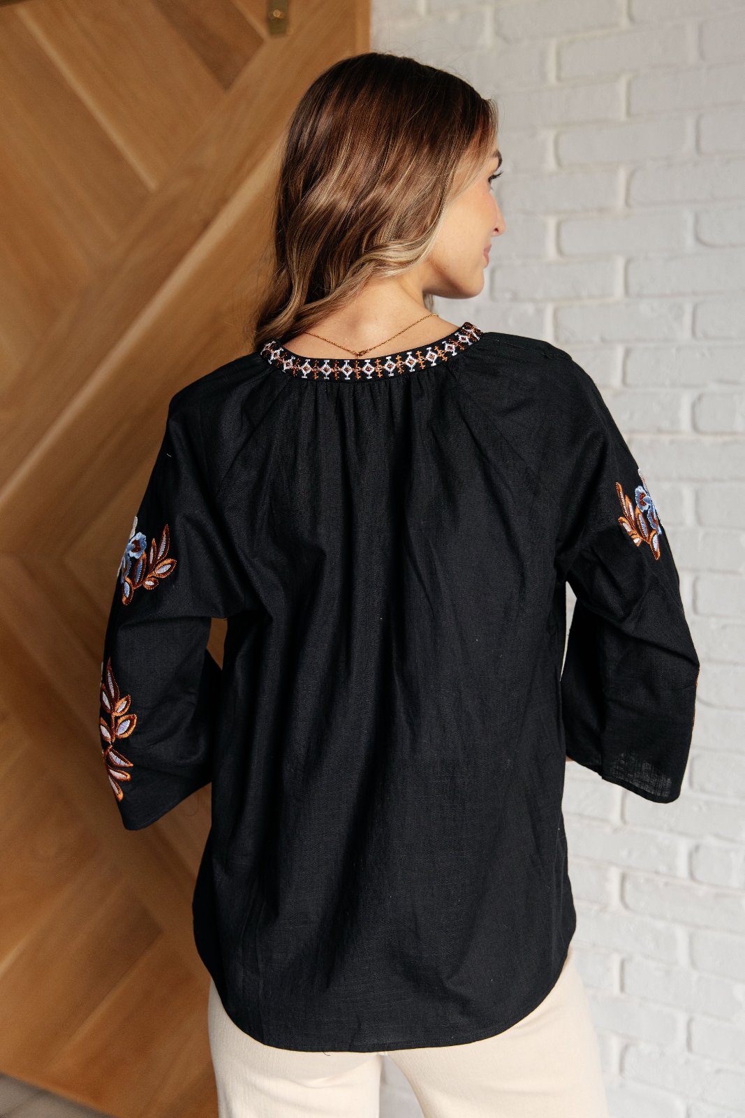 size small Black Linen Embroidered V-Neck Blouse back view