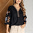 size small Black Linen Embroidered V-Neck Blouse front view