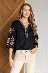 size small Black Linen Embroidered V-Neck Blouse front view