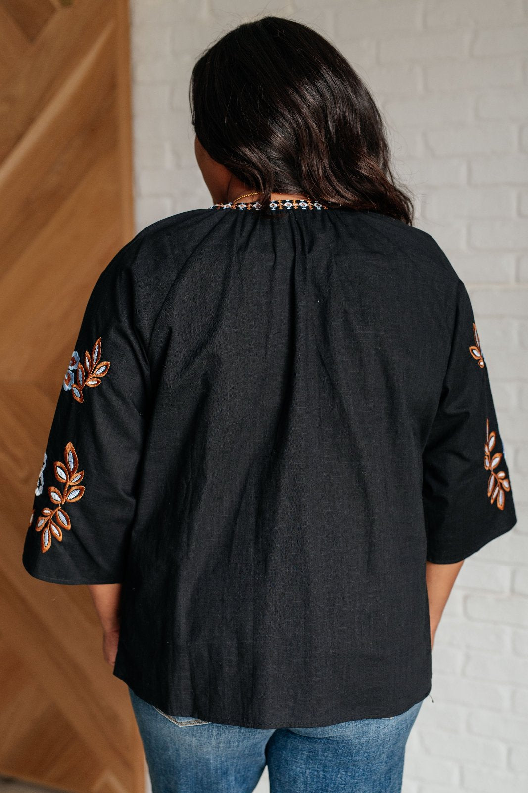 size xl Black Linen Embroidered V-Neck Blouse back view