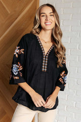 size small Black Linen Embroidered V-Neck Blouse