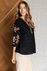 size small Black Linen Embroidered V-Neck Blouse side view