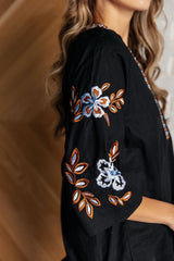 close up of Black Linen Embroidered V-Neck Blouse sleeve