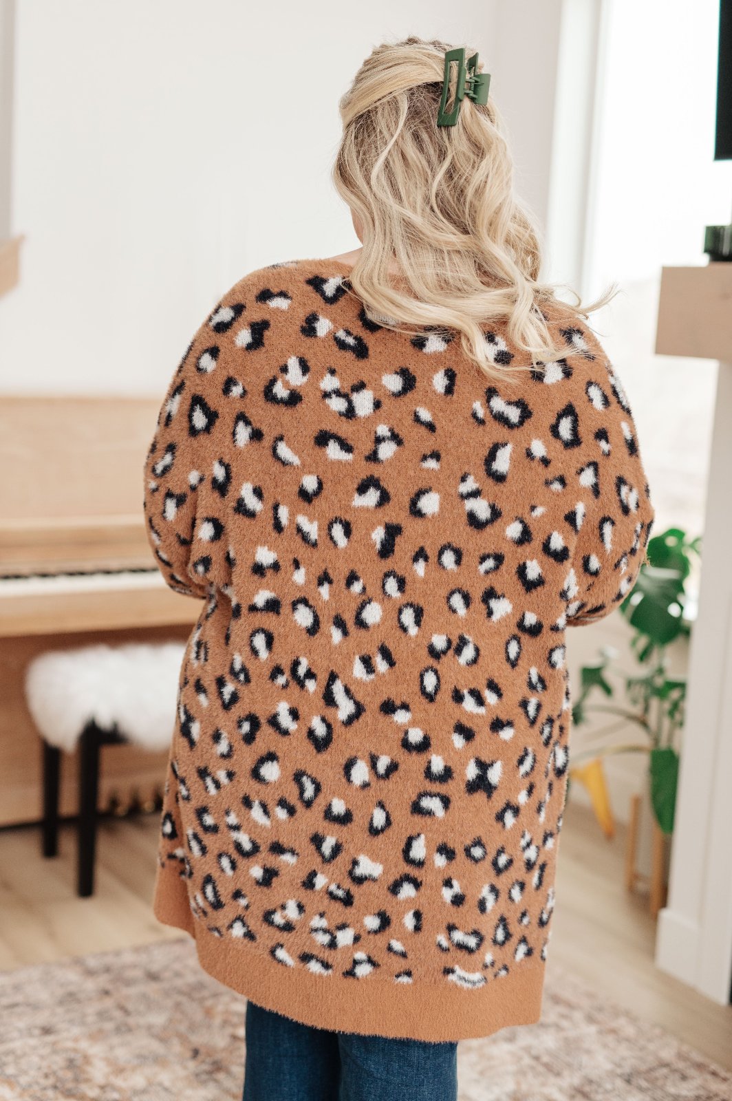 plus size Brown Animal Print Longline Cardigan back