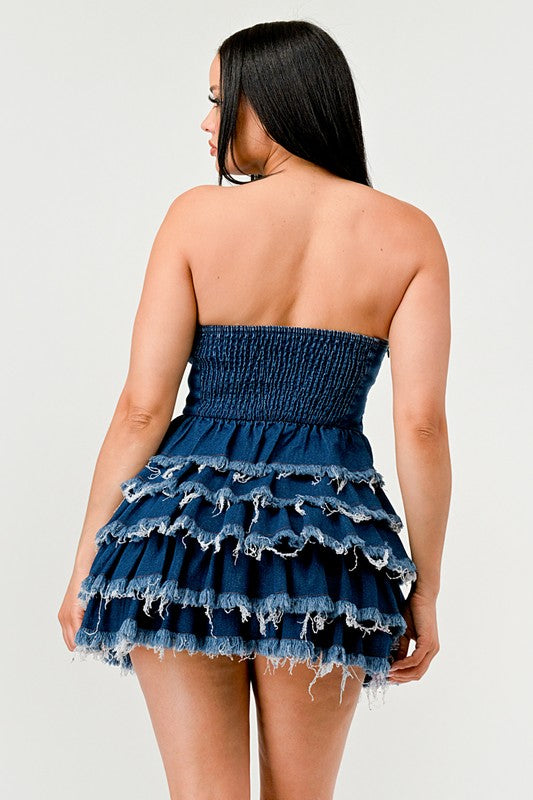 washed denim dress with ruffles